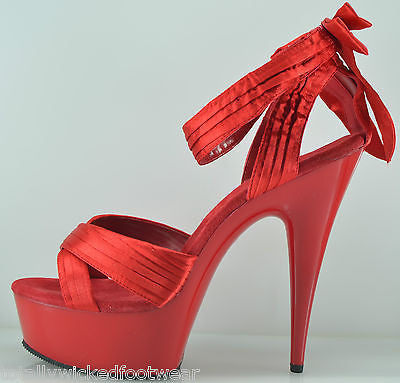 Delight 668 Red Satin Cross Strap Sexy Back Bow 6" Heel - Totally Wicked Footwear