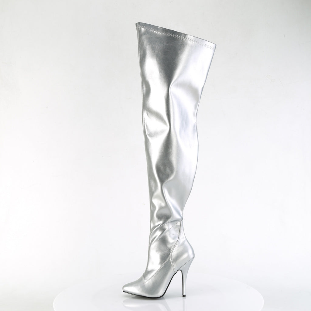 Seduce 3000WC Silver Matte Stretch Wide Calf Thigh Boot - 5" High Heel - Pleaser Direct - Totally Wicked Footwear