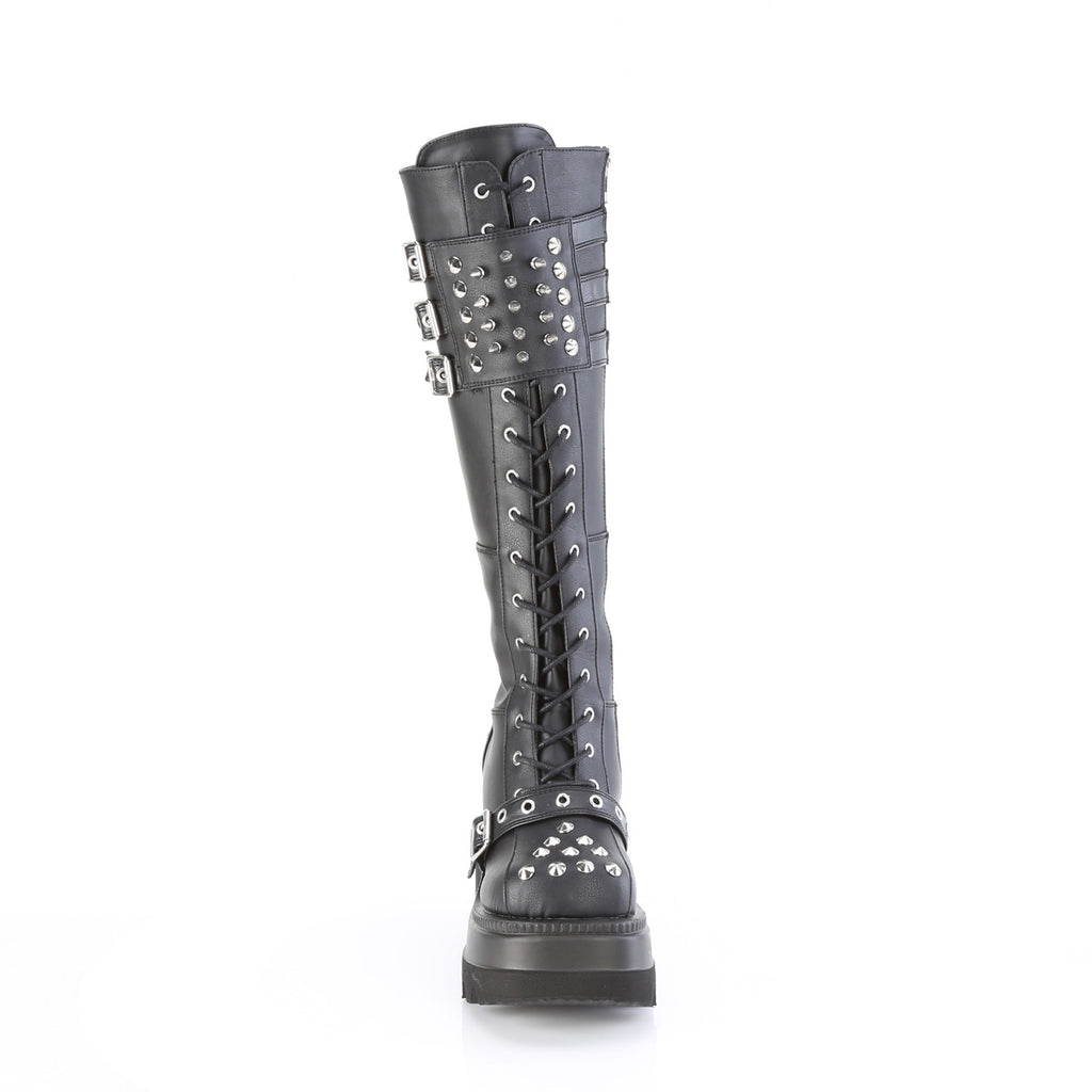 Shaker 225 Black Multiple Strap Skull Buckle Platform Gothic Knee Boots  - Demonia Direct - Totally Wicked Footwear