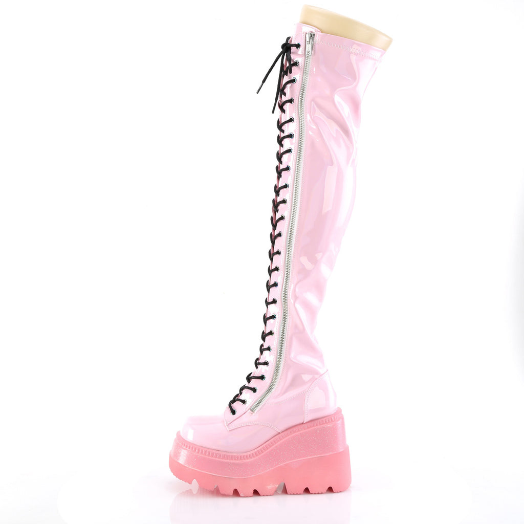 Shaker 374 Pink Hologram OTK Thigh Boot 4.5" Wedge  6-12  - Demonia Direct - Totally Wicked Footwear