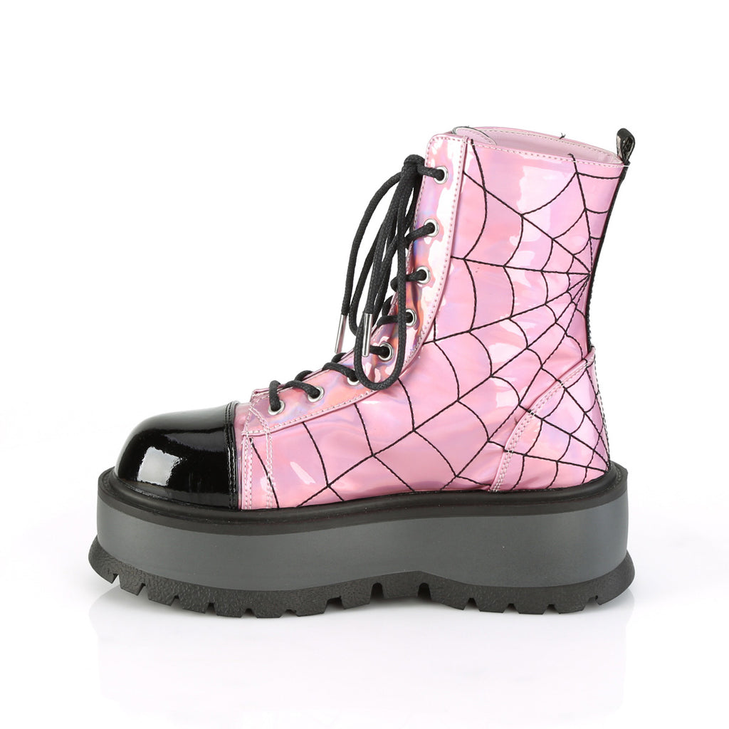 Slacker 88 Spider Web Platform Combat Gothic Punk Ankle Boots Pink Hologram - Totally Wicked Footwear