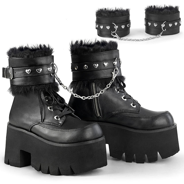 Ashes 57 Furry Cuff 3.5" Chunky Heel Goth Punk Ankle Boots Black - Demonia Direct - Totally Wicked Footwear