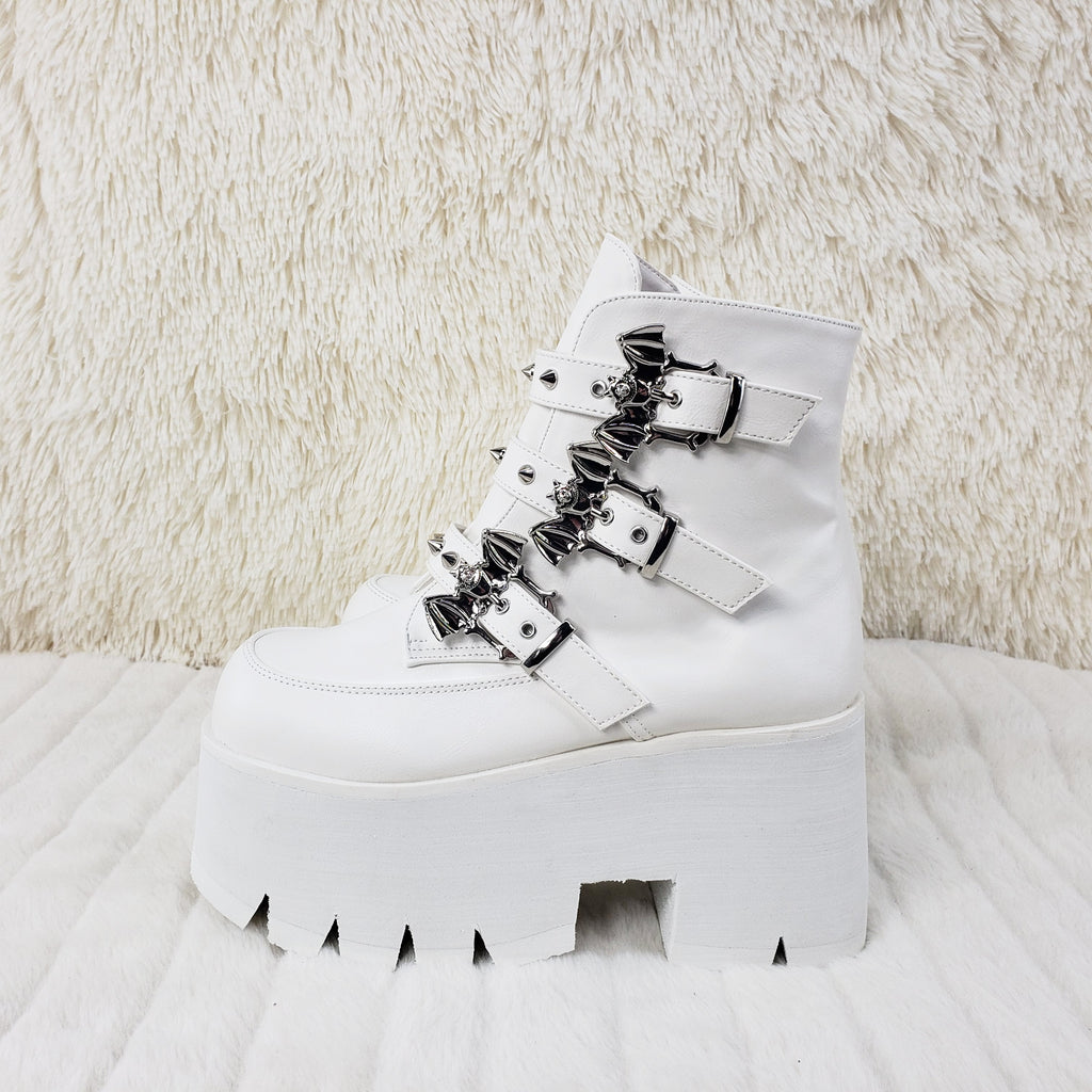 Ashes 55 Platform Lace Up Ankle Boots 3.5" Chunky High Heel 6-12 - White - Totally Wicked Footwear