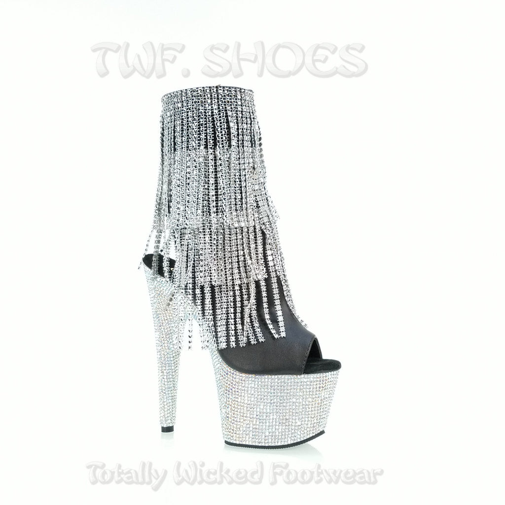 Bejeweled 1024 Silver Fringe 7" Heel Rhinestone Platform Black Ankle Boot 5 6 10 - Totally Wicked Footwear