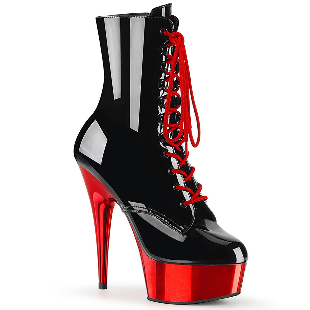 Delight 1020 Black Lace Up 6" High Heels Red Chrome Platform Ankle Boots - Totally Wicked Footwear