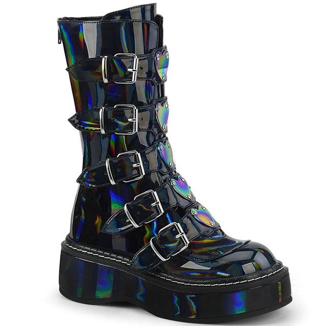 Emily 330 Goth Black Hologram Heart Plate Combat Boots 6-12  - Demonia Direct - Totally Wicked Footwear