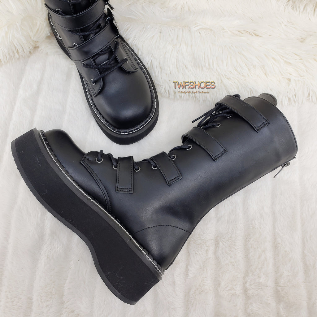 Emily 322 Goth Black Bat Buckle Combat Boots 6-12  - Demonia Direct - Totally Wicked Footwear