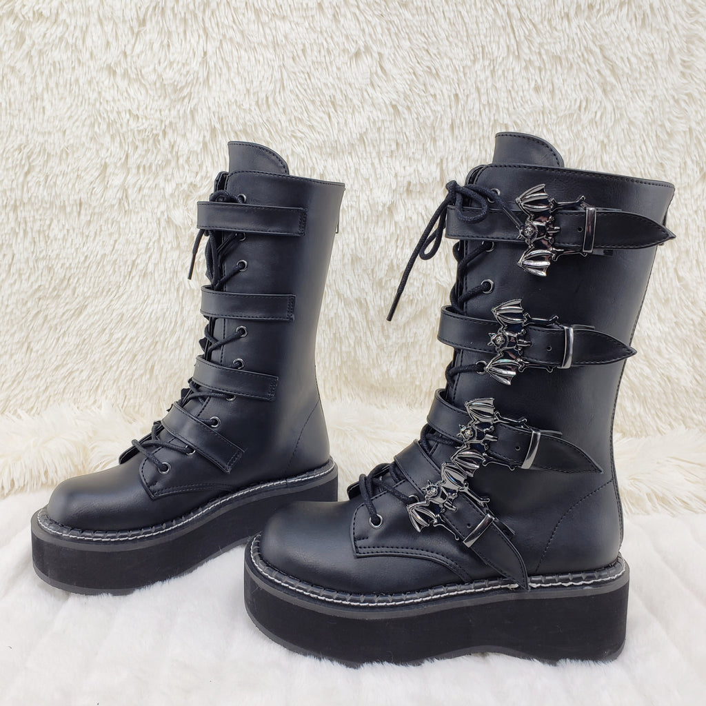 Emily 322 Goth Black Bat Buckle Combat Boots 6-12  - Demonia Direct - Totally Wicked Footwear