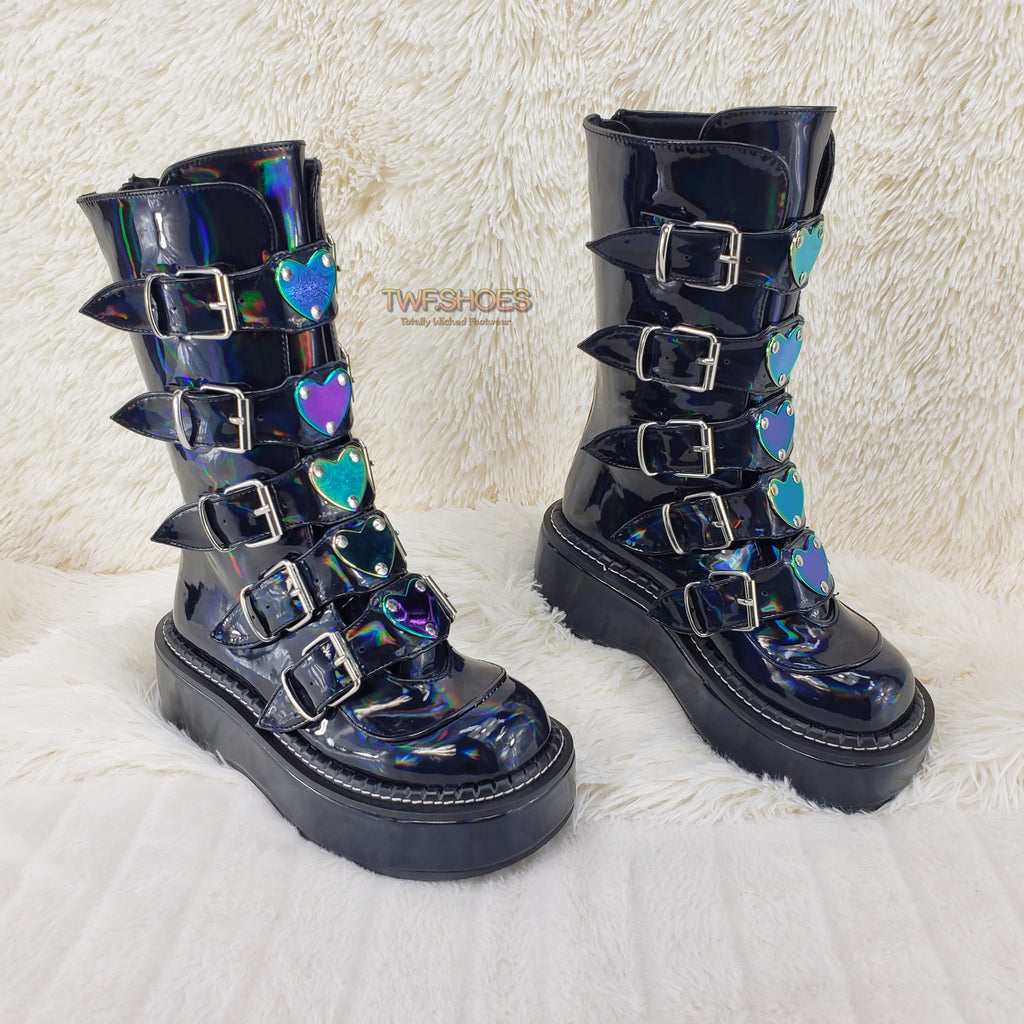 Emily 330 Black Patent Holo 2" Platform Mid Calf Heart Combat Punk Boots 6-12 - Totally Wicked Footwear