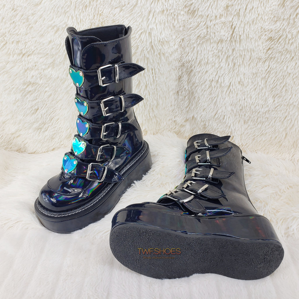 Emily 330 Black Patent Holo 2" Platform Mid Calf Heart Combat Punk Boots 6-12 - Totally Wicked Footwear