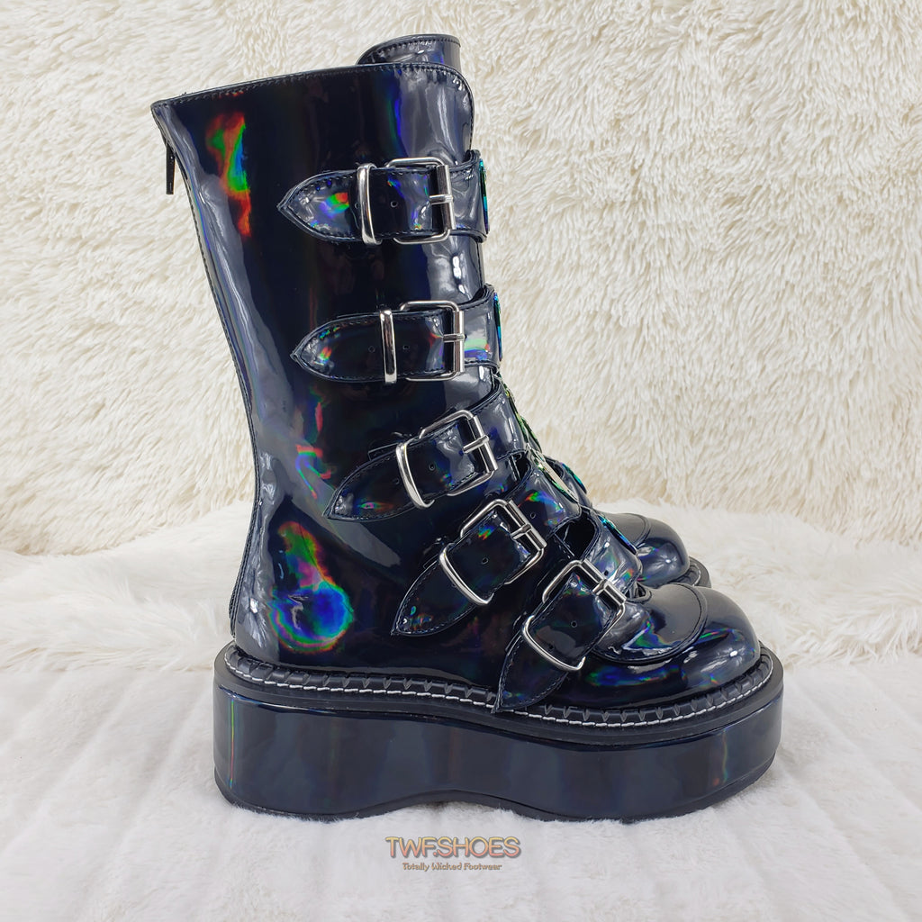 Emily 330 Black Patent Holo 2" Platform Mid Calf Heart Combat Punk Boots 6-12 - Totally Wicked Footwear
