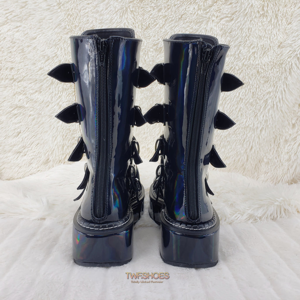 Emily 330 Black Patent Holo 2" Platform Mid Calf Heart Combat Punk Boots 6-12 - Totally Wicked Footwear