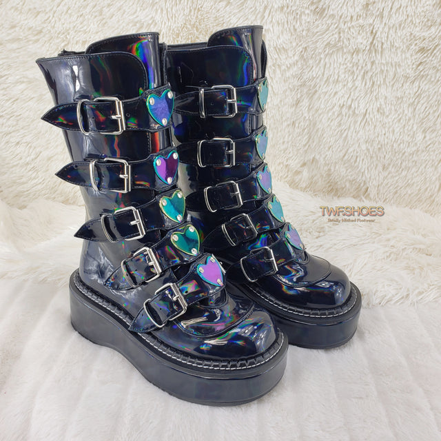 Emily 330 Black Patent Holo 2" Platform Mid Calf Heart Combat Punk Boots 6-12 - Totally Wicked Footwear