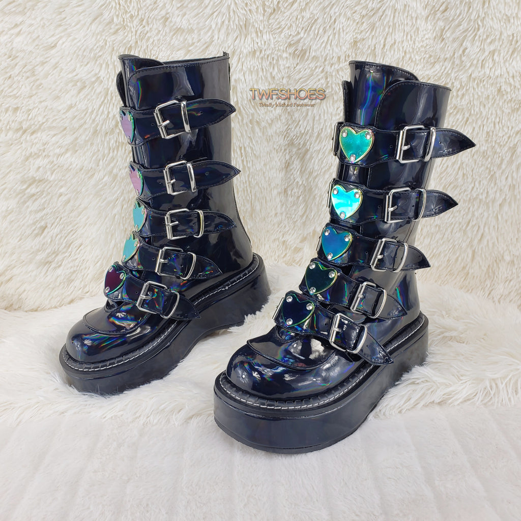 Emily 330 Black Patent Holo 2" Platform Mid Calf Heart Combat Punk Boots 6-12 - Totally Wicked Footwear