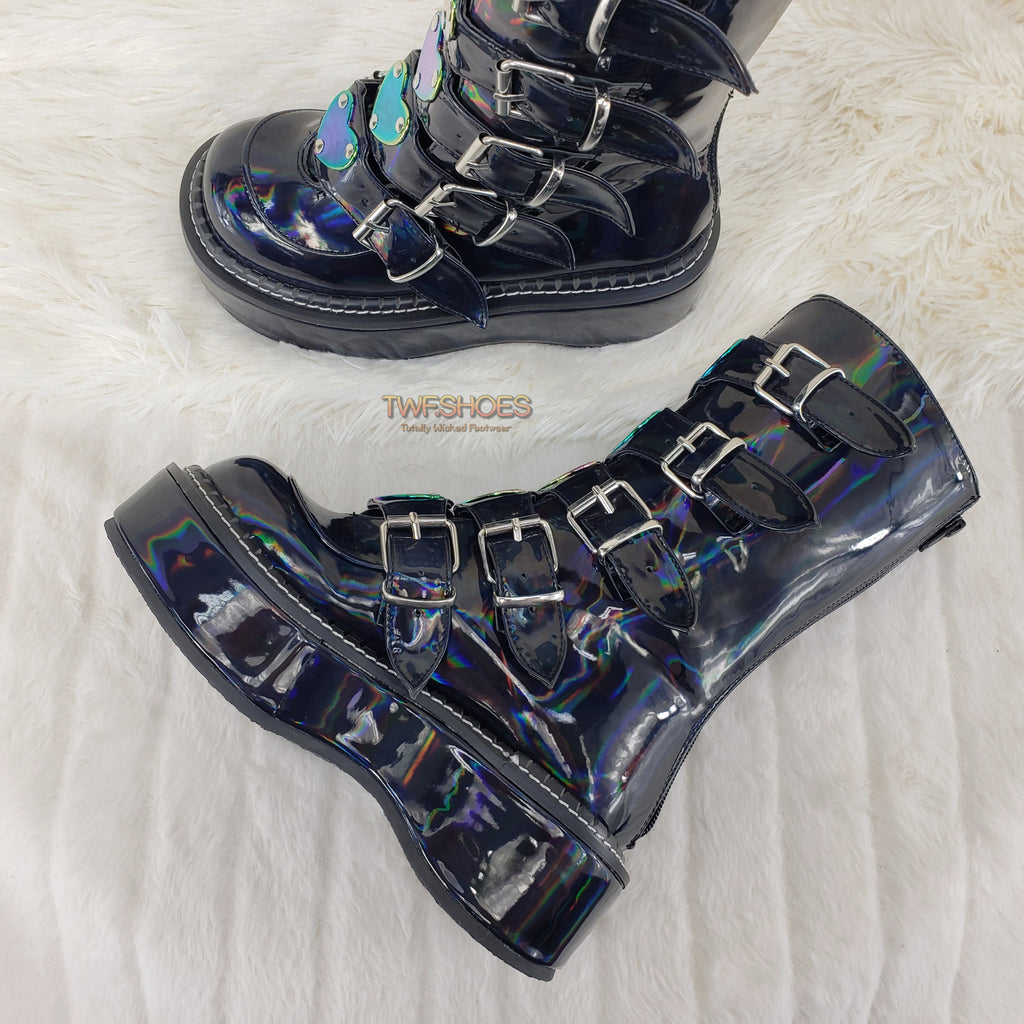 Emily 330 Black Patent Holo 2" Platform Mid Calf Heart Combat Punk Boots 6-12 - Totally Wicked Footwear