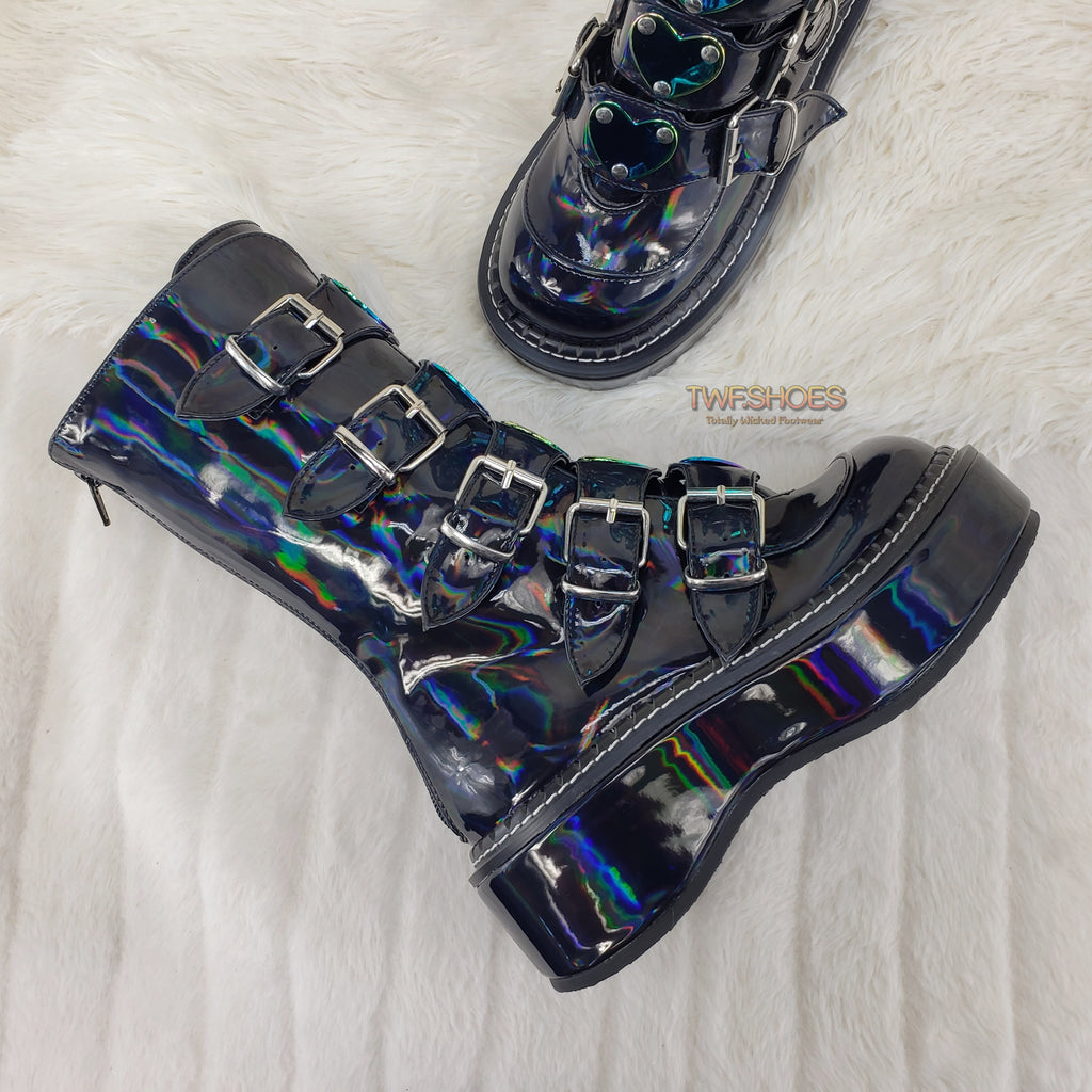 Emily 330 Black Patent Holo 2" Platform Mid Calf Heart Combat Punk Boots 6-12 - Totally Wicked Footwear