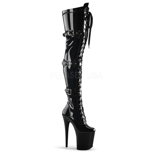 Flamingo 3028 Black Patent 8" Heel Buckle Strap OTK Thigh Boot - Totally Wicked Footwear