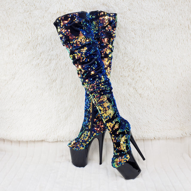 Flamingo 3004 Blue Mermaid Sequin Slouchy Thigh High Boots 8" Heels In House - Totally Wicked Footwear