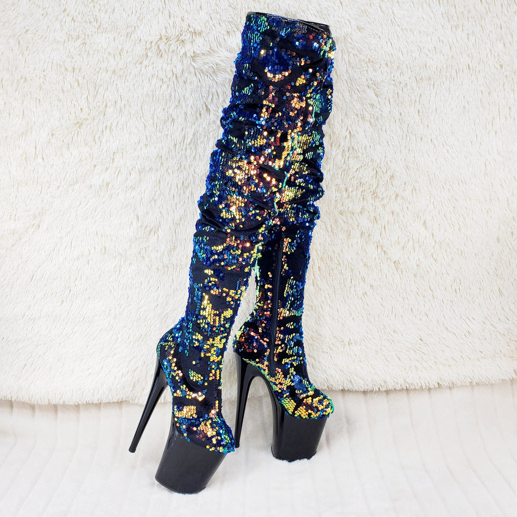 Flamingo 3004 Blue Mermaid Sequin Slouchy Thigh High Boots 8" Heels In House - Totally Wicked Footwear