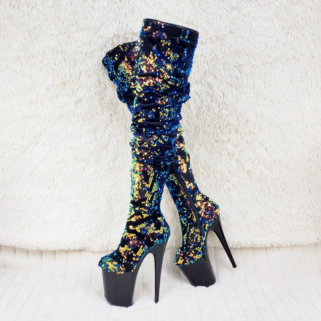 Flamingo 3004 Blue Mermaid Sequin Slouchy Thigh High Boots 8" Heels In House - Totally Wicked Footwear