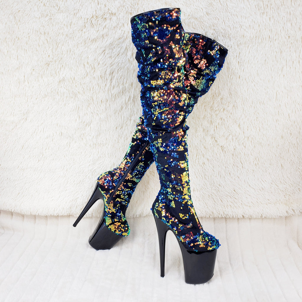 Flamingo 3004 Blue Mermaid Sequin Slouchy Thigh High Boots 8" Heels In House - Totally Wicked Footwear