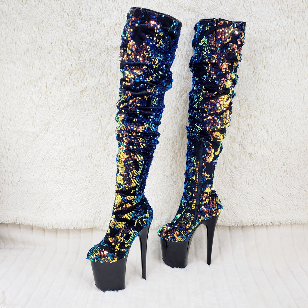 Flamingo 3004 Blue Mermaid Sequin Slouchy Thigh High Boots 8" Heels In House - Totally Wicked Footwear