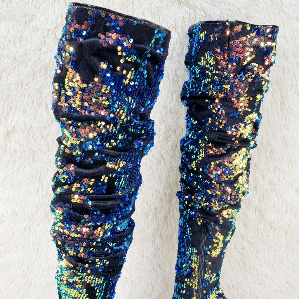 Flamingo 3004 Blue Mermaid Sequin Slouchy Thigh High Boots 8" Heels In House - Totally Wicked Footwear