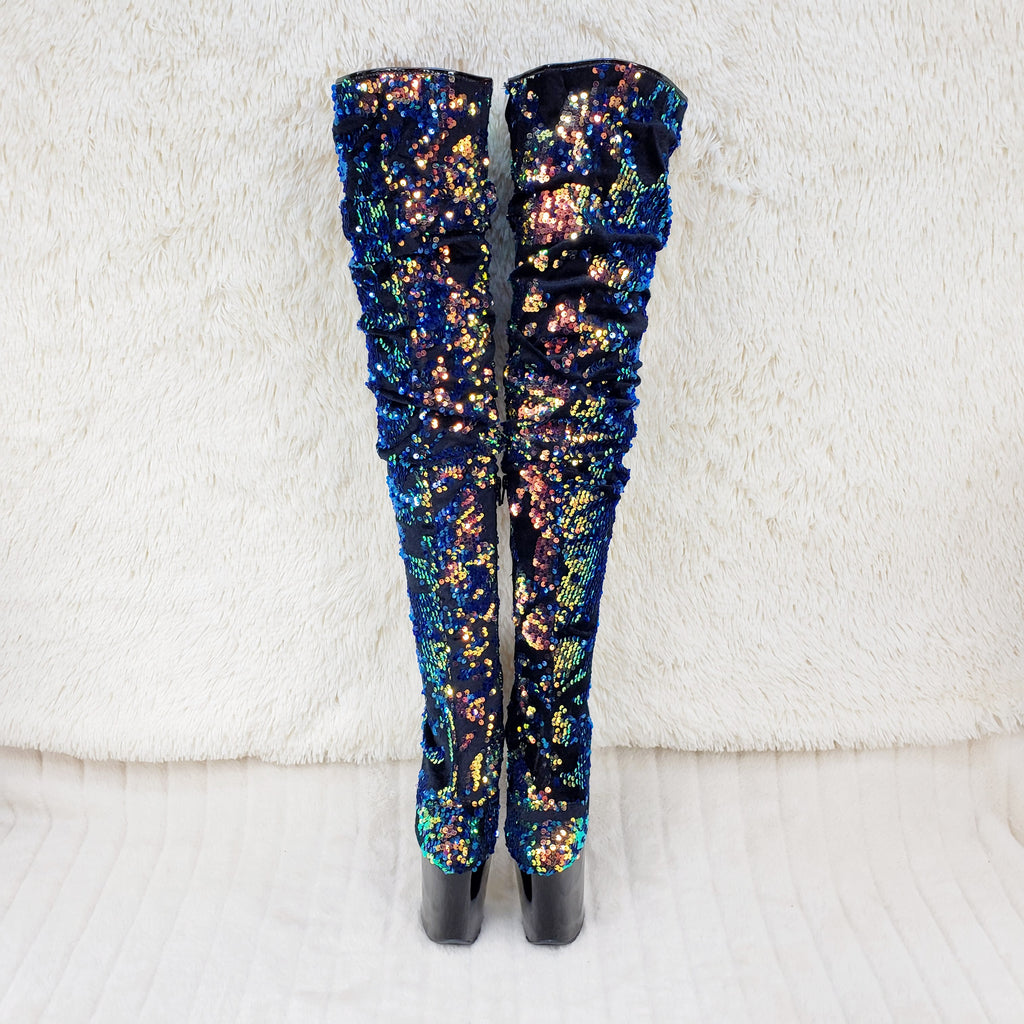 Flamingo 3004 Blue Mermaid Sequin Slouchy Thigh High Boots 8" Heels In House - Totally Wicked Footwear