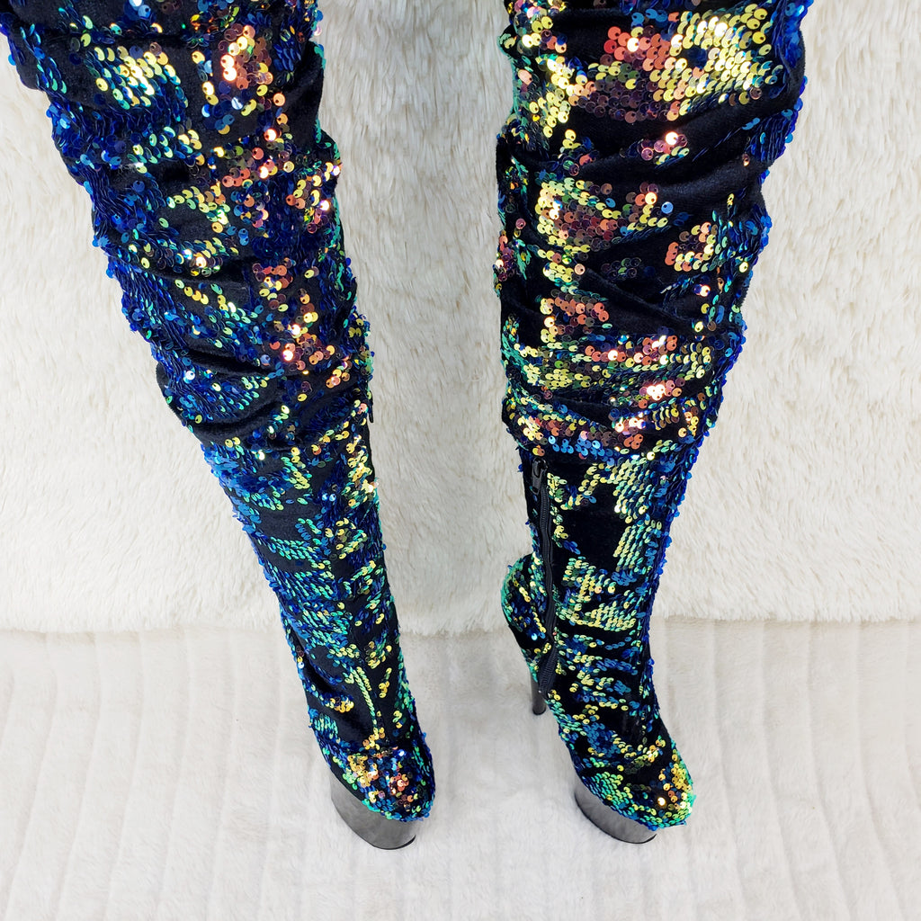 Flamingo 3004 Blue Mermaid Sequin Slouchy Thigh High Boots 8" Heels In House - Totally Wicked Footwear