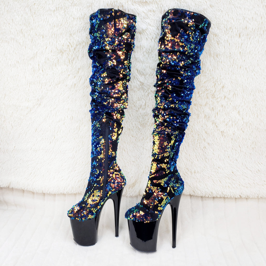 Flamingo 3004 Blue Mermaid Sequin Slouchy Thigh High Boots 8" Heels In House - Totally Wicked Footwear