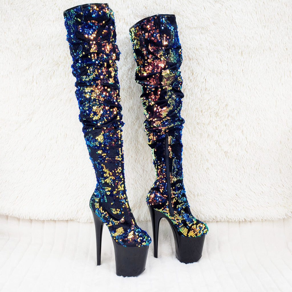 Flamingo 3004 Blue Mermaid Sequin Slouchy Thigh High Boots 8" Heels In House - Totally Wicked Footwear