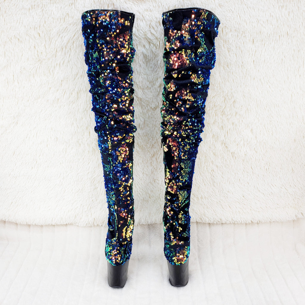 Flamingo 3004 Blue Mermaid Sequin Slouchy Thigh High Boots 8" Heels In House - Totally Wicked Footwear