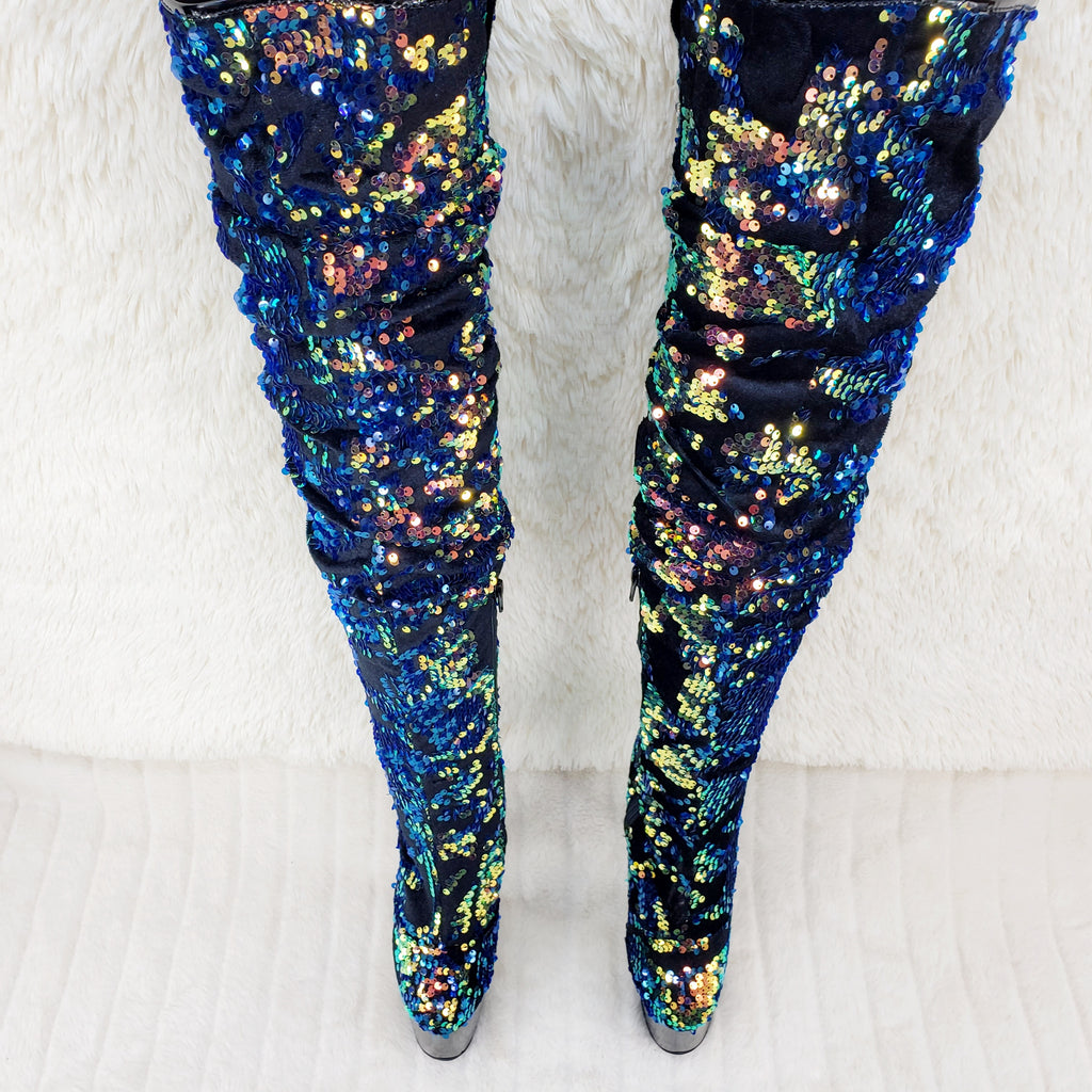 Flamingo 3004 Blue Mermaid Sequin Slouchy Thigh High Boots 8" Heels In House - Totally Wicked Footwear