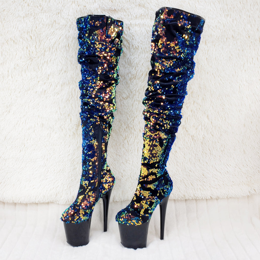 Flamingo 3004 Blue Mermaid Sequin Slouchy Thigh High Boots 8" Heels In House - Totally Wicked Footwear