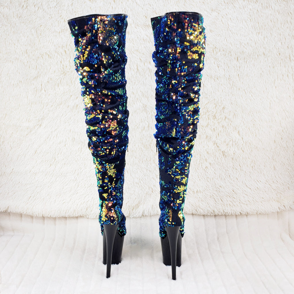 Flamingo 3004 Blue Mermaid Sequin Slouchy Thigh High Boots 8" Heels In House - Totally Wicked Footwear