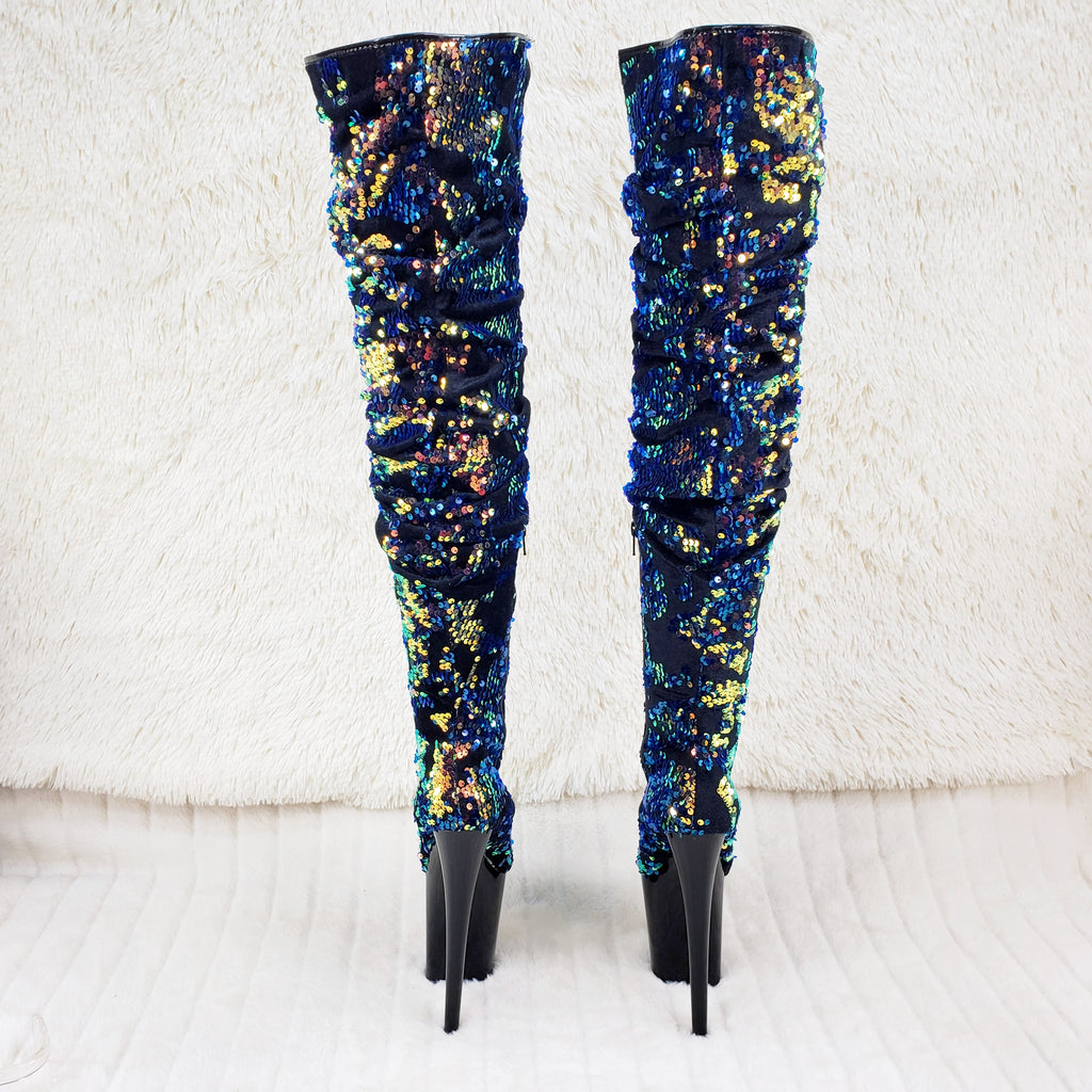 Flamingo 3004 Blue Mermaid Sequin Slouchy Thigh High Boots 8" Heels In House - Totally Wicked Footwear