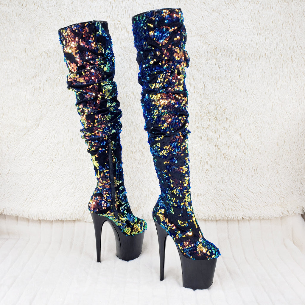Flamingo 3004 Blue Mermaid Sequin Slouchy Thigh High Boots 8" Heels In House - Totally Wicked Footwear