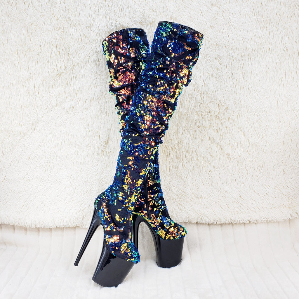 Flamingo 3004 Blue Mermaid Sequin Slouchy Thigh High Boots 8" Heels In House - Totally Wicked Footwear