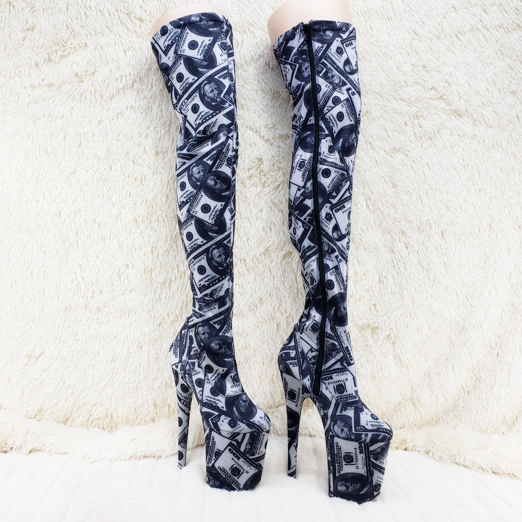 Flamingo 3000 Money Print Stretch Thigh High Platform 8" Heel Boots 7-12 NY - Totally Wicked Footwear