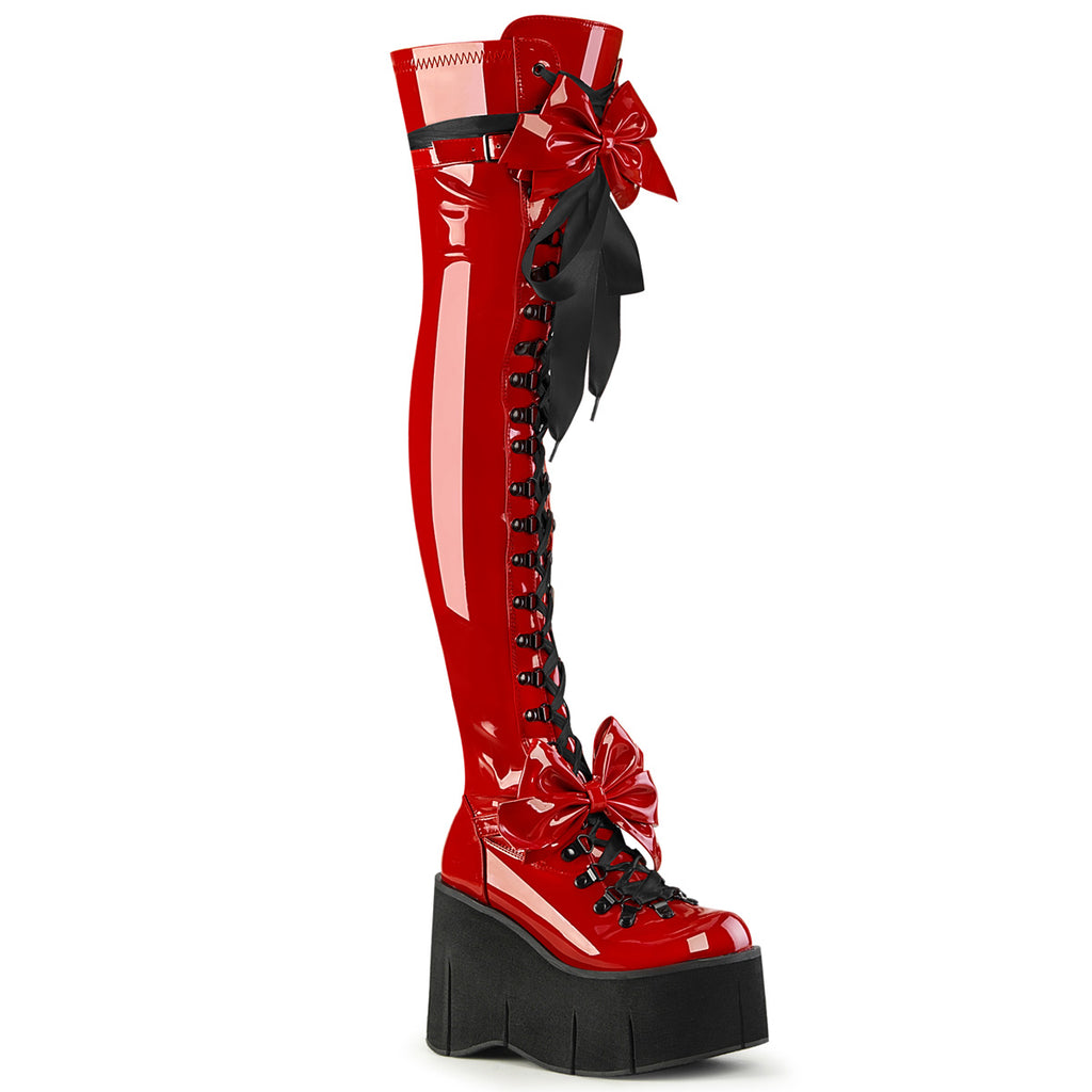 Kera 303 Red Patent Lace Up Goth Platform Thigh High Boots  - Demonia Direct - Totally Wicked Footwear