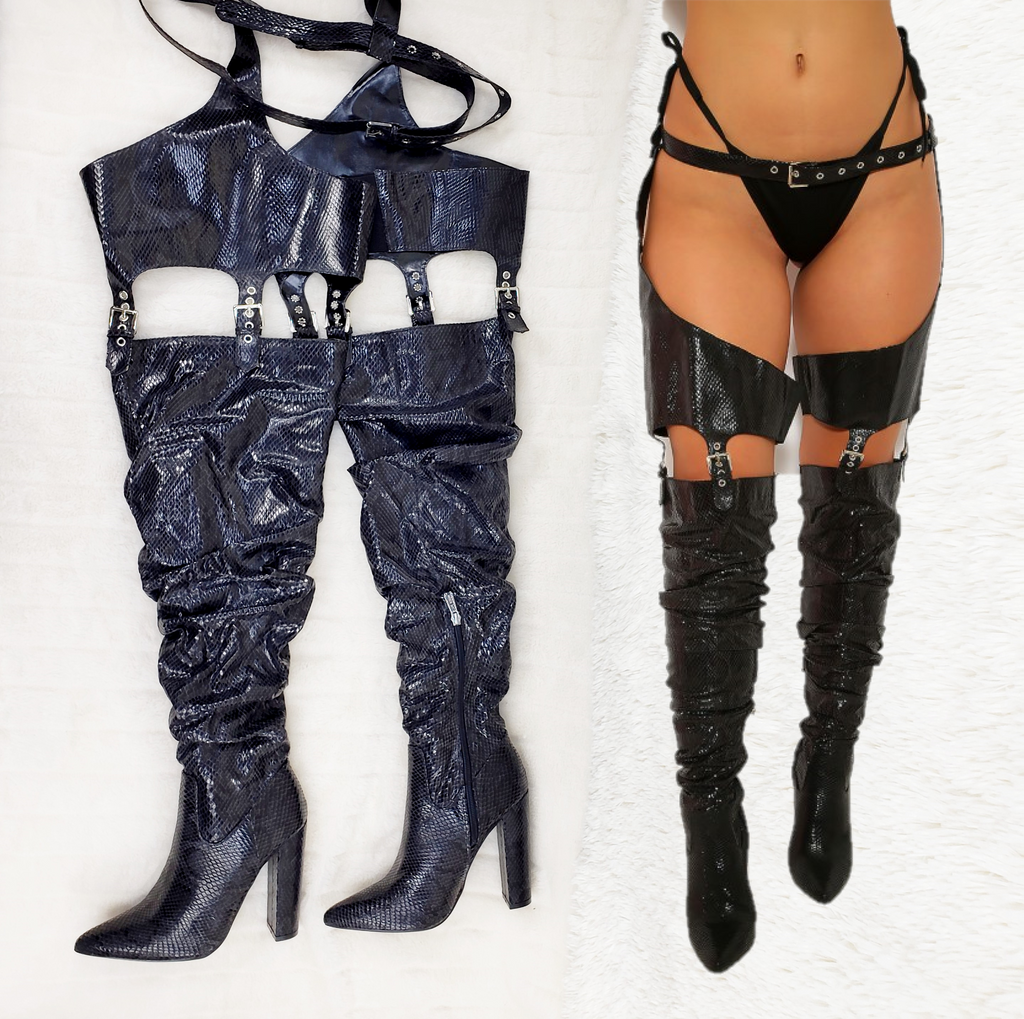 Sexy Thigh Chunky Heel Thigh High Chap Boots Black Snake - Totally Wicked Footwear