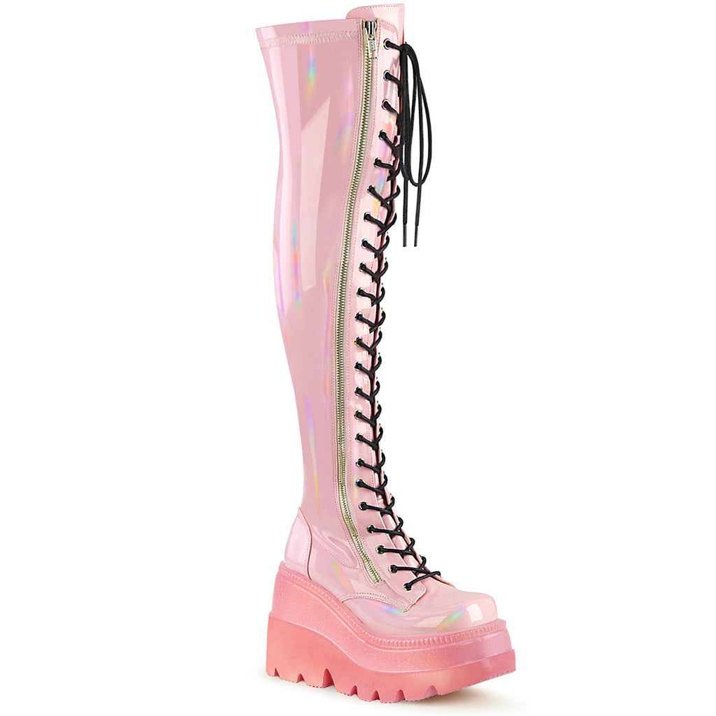 Shaker 374 Pink Hologram OTK Thigh Boot 4.5" Wedge  6-12  - Demonia Direct - Totally Wicked Footwear