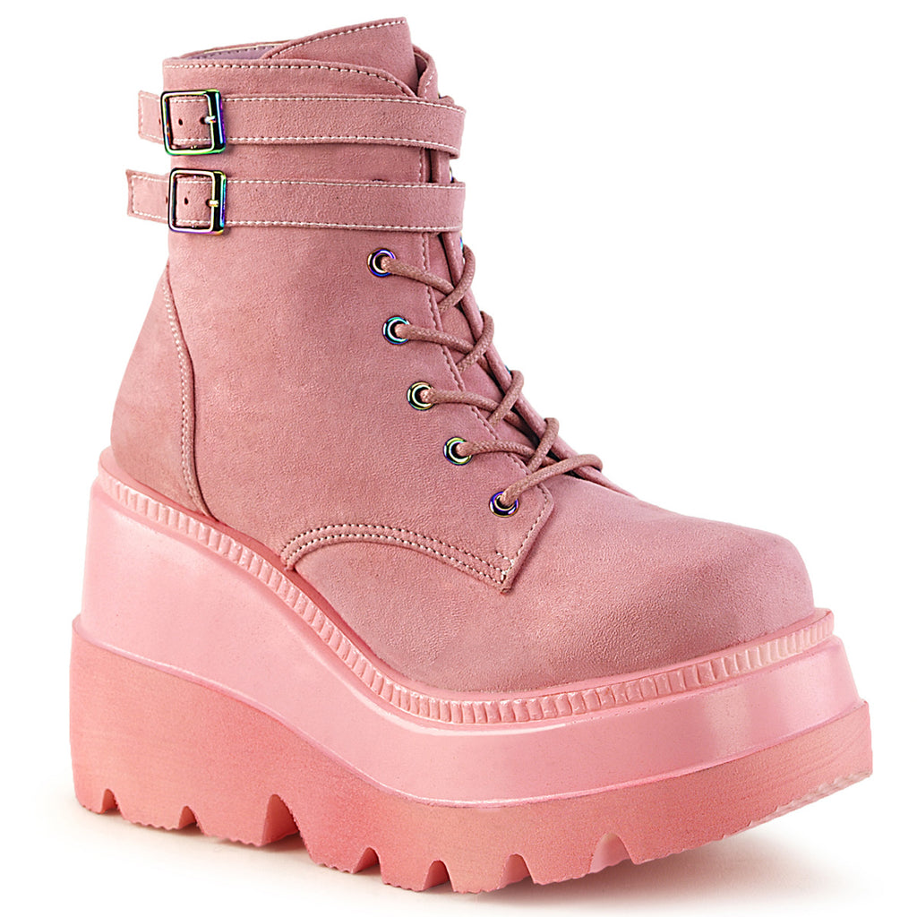Shaker 52 Baby Pink V- Suede 4.5 Platform Gothic Ankle Boots  - Demonia Direct - Totally Wicked Footwear