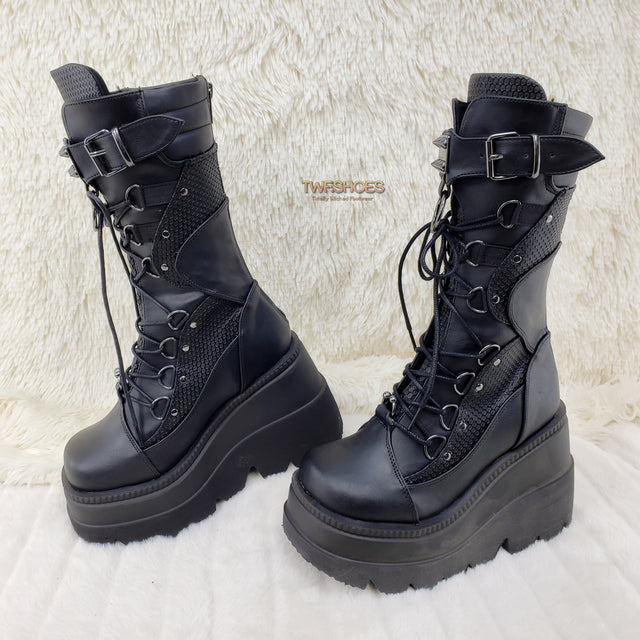 Demonia Shaker 70 Black Platform 4.5" Wedge Mid Calf Goth Punk Rave Boots NY - Totally Wicked Footwear