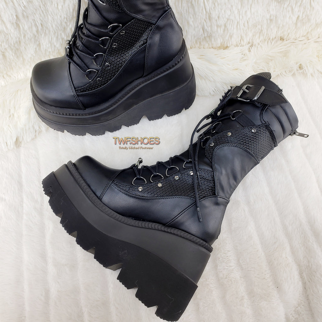 Demonia Shaker 70 Black Platform 4.5" Wedge Mid Calf Goth Punk Rave Boots NY - Totally Wicked Footwear