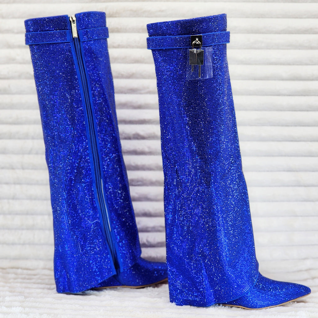 Super Sparkle Sharky Skirted Fold Over Wedge Heel Knee Boots Royal Blue - Totally Wicked Footwear