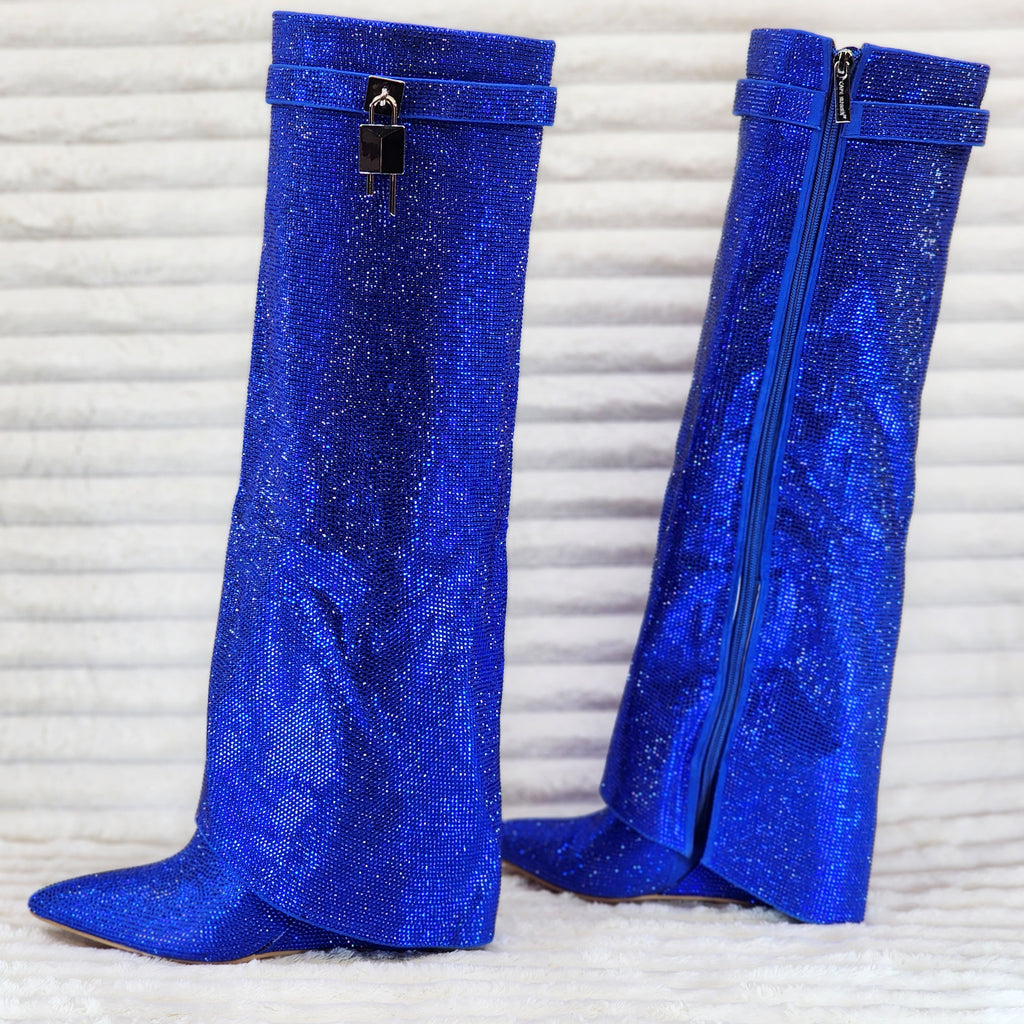 Super Sparkle Sharky Skirted Fold Over Wedge Heel Knee Boots Royal Blue - Totally Wicked Footwear