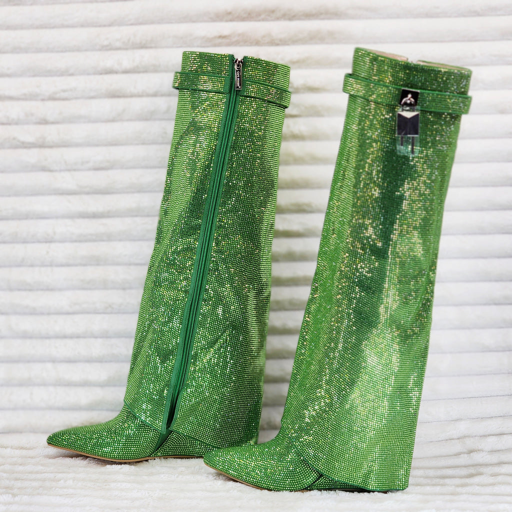 Super Sparkle Sharky Skirted Fold Over Wedge Heel Knee Boots Green - Totally Wicked Footwear