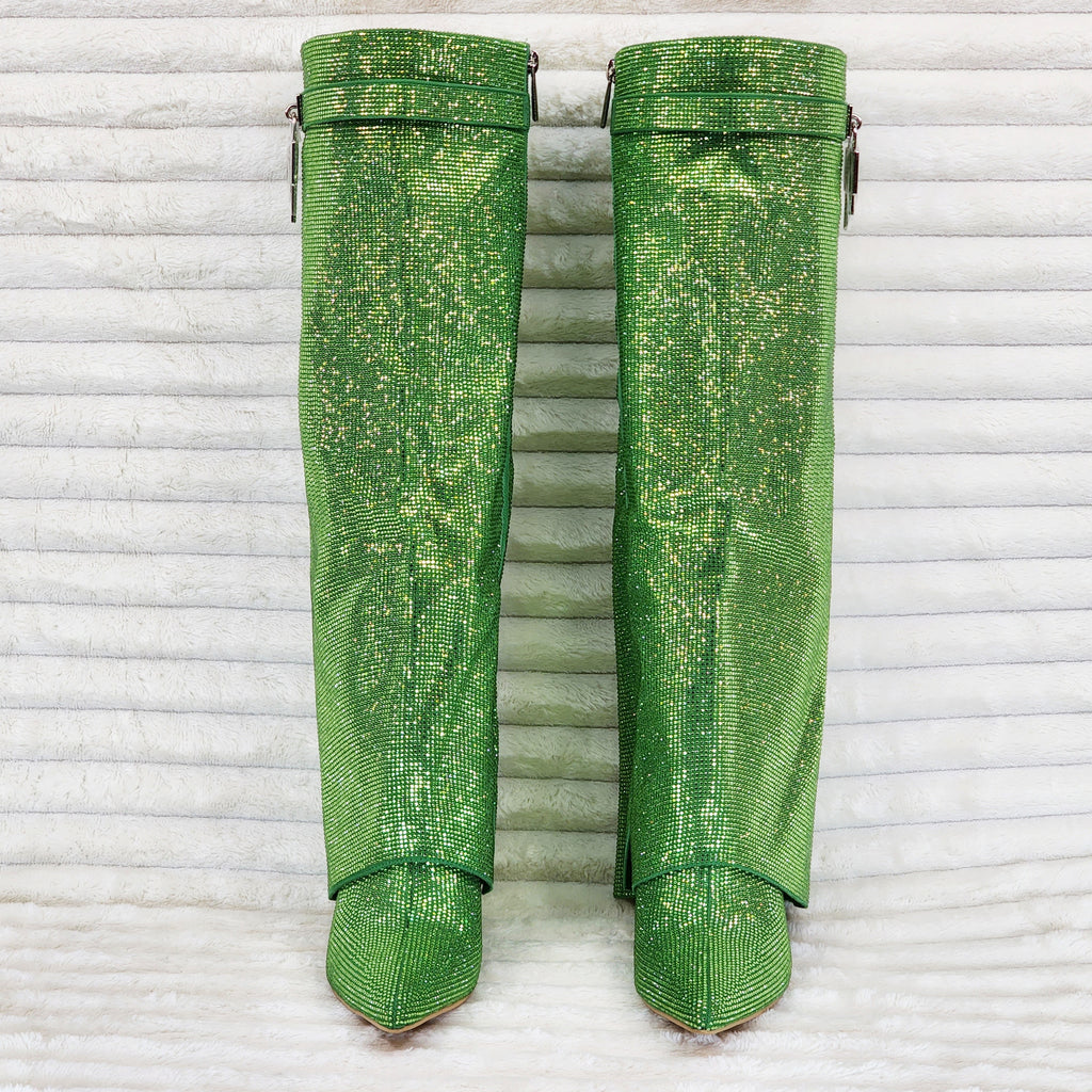 Super Sparkle Sharky Skirted Fold Over Wedge Heel Knee Boots Green - Totally Wicked Footwear
