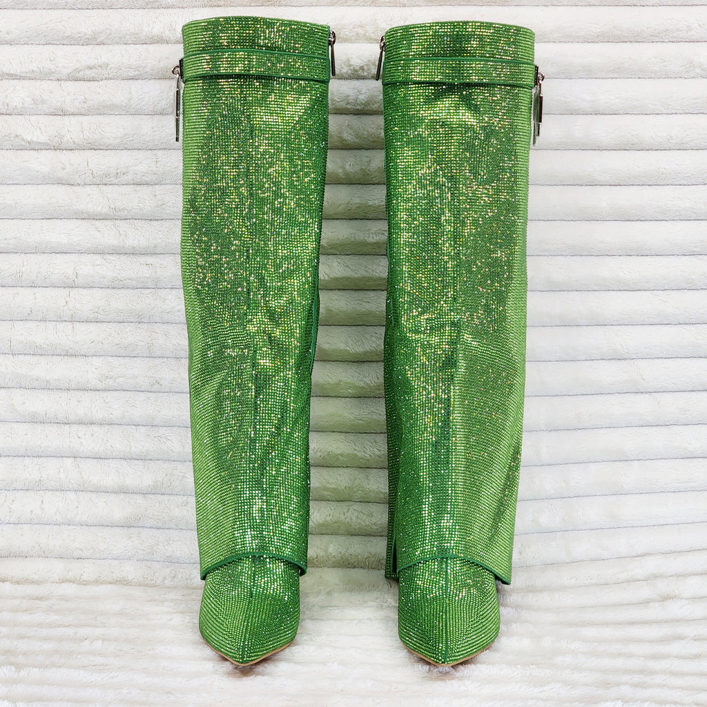Super Sparkle Sharky Skirted Fold Over Wedge Heel Knee Boots Green - Totally Wicked Footwear